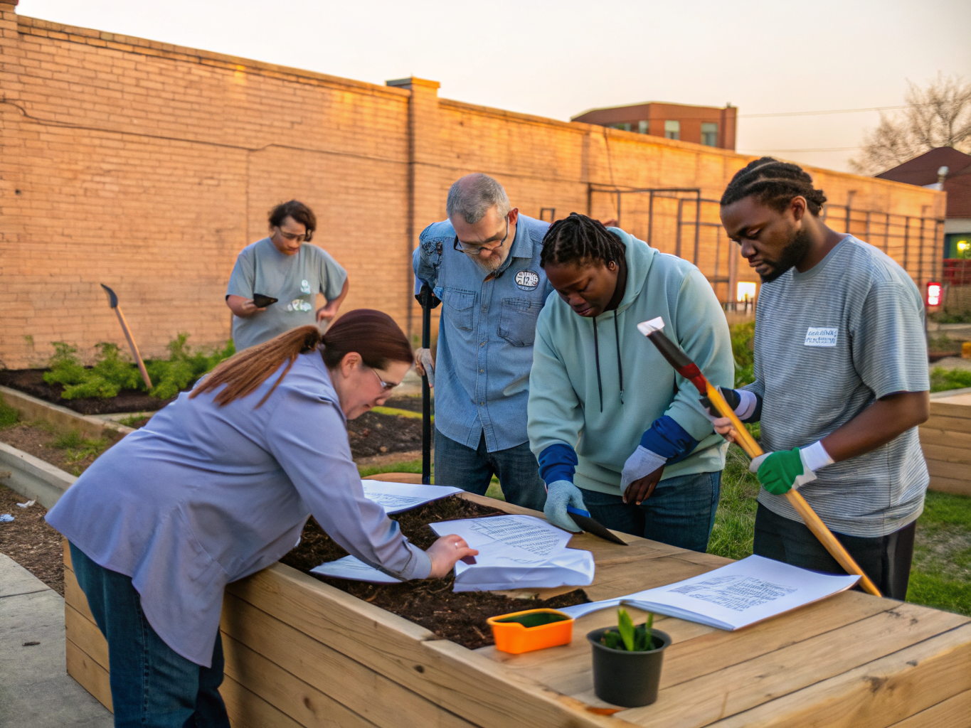Community volunteers planning an outreach initiative around a civic table